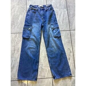 Denim Forum 90s Hi-Rise Loose Cargo Jeans Womens 26 Wide Leg Utility Pockets